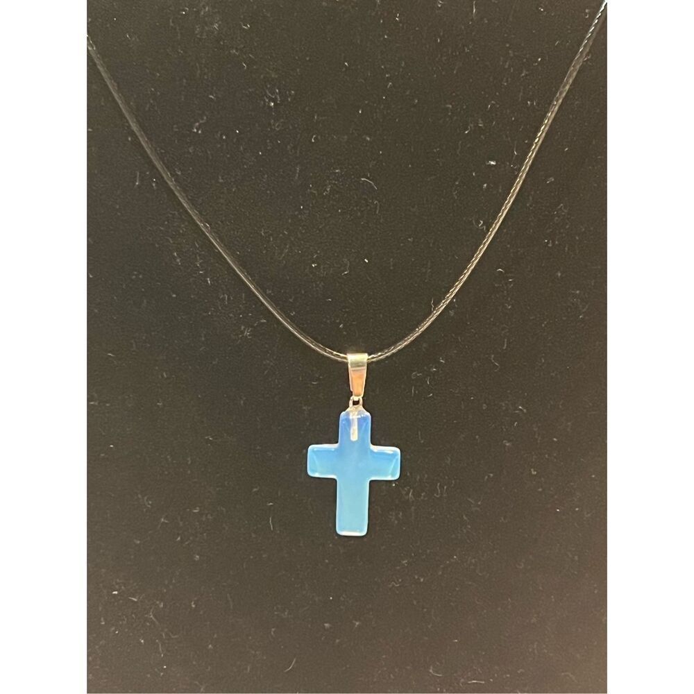 Clear Opal Stone Cross on a Black Necklace Cord